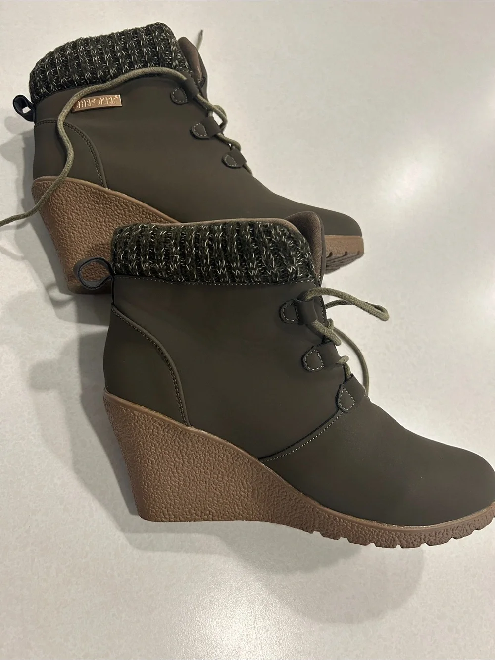 Cherokee Cushioned Wedge Ankle Boots in Olive with Knit Collar -